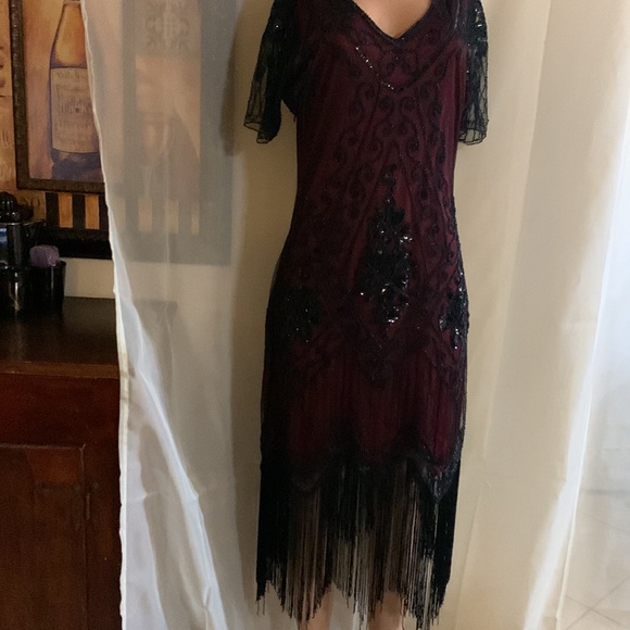 Babeyond Dresses & Skirts - Babeyond Vintage Paisley Flapper Fringe Dress Black and Red Burgundy Lace Beaded